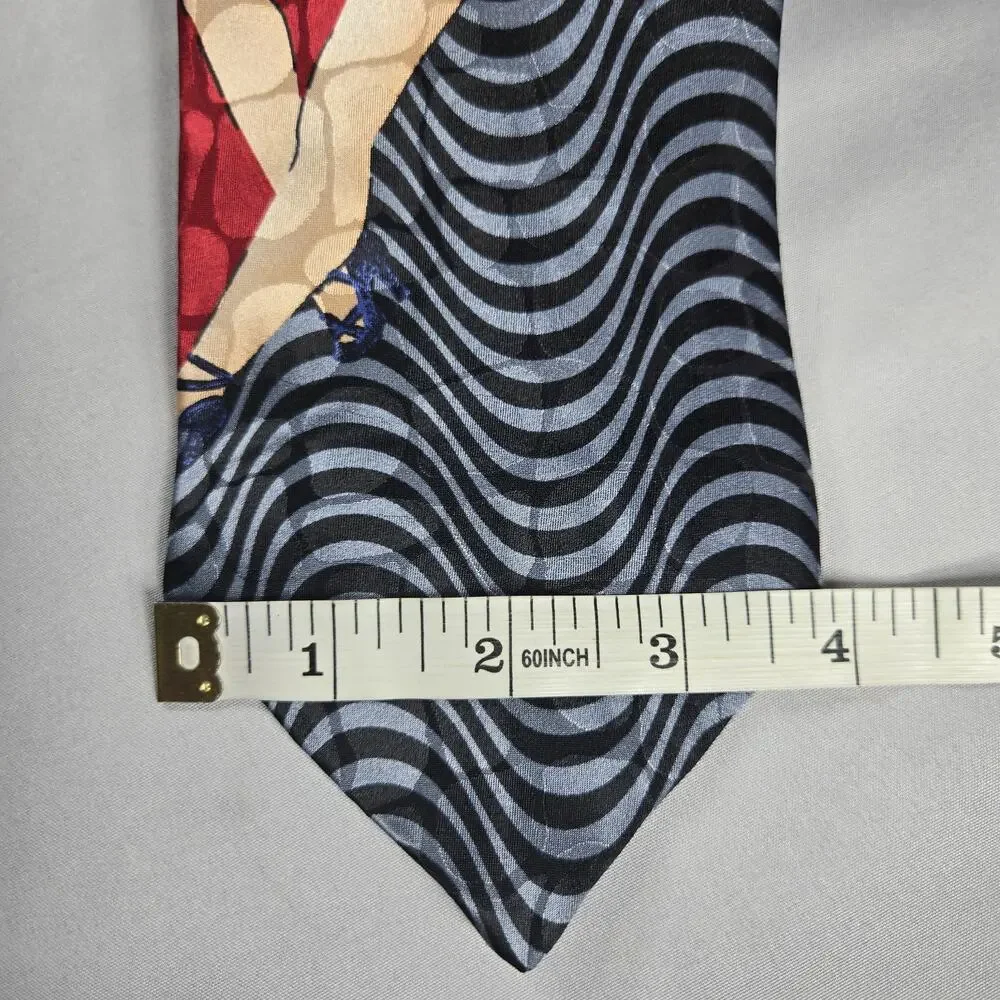 Casa America Mens Silk Tie Pin Up Girl Art Blue Wavy Line Novelty Vintage NWT